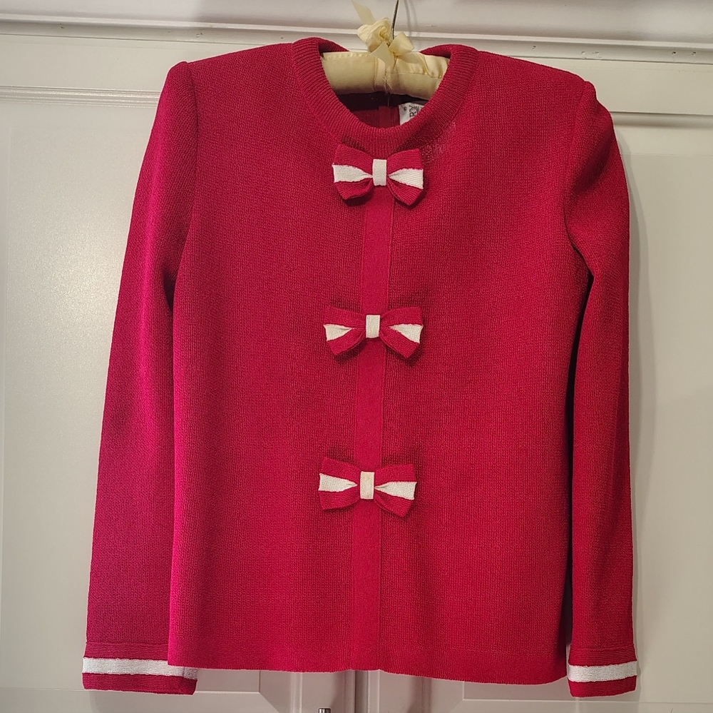 VTG '90'S CUTE RED BOW CASTLEBERRY KNIT  LONG RED SWEATER TOP WOMEN'S SIZE 4